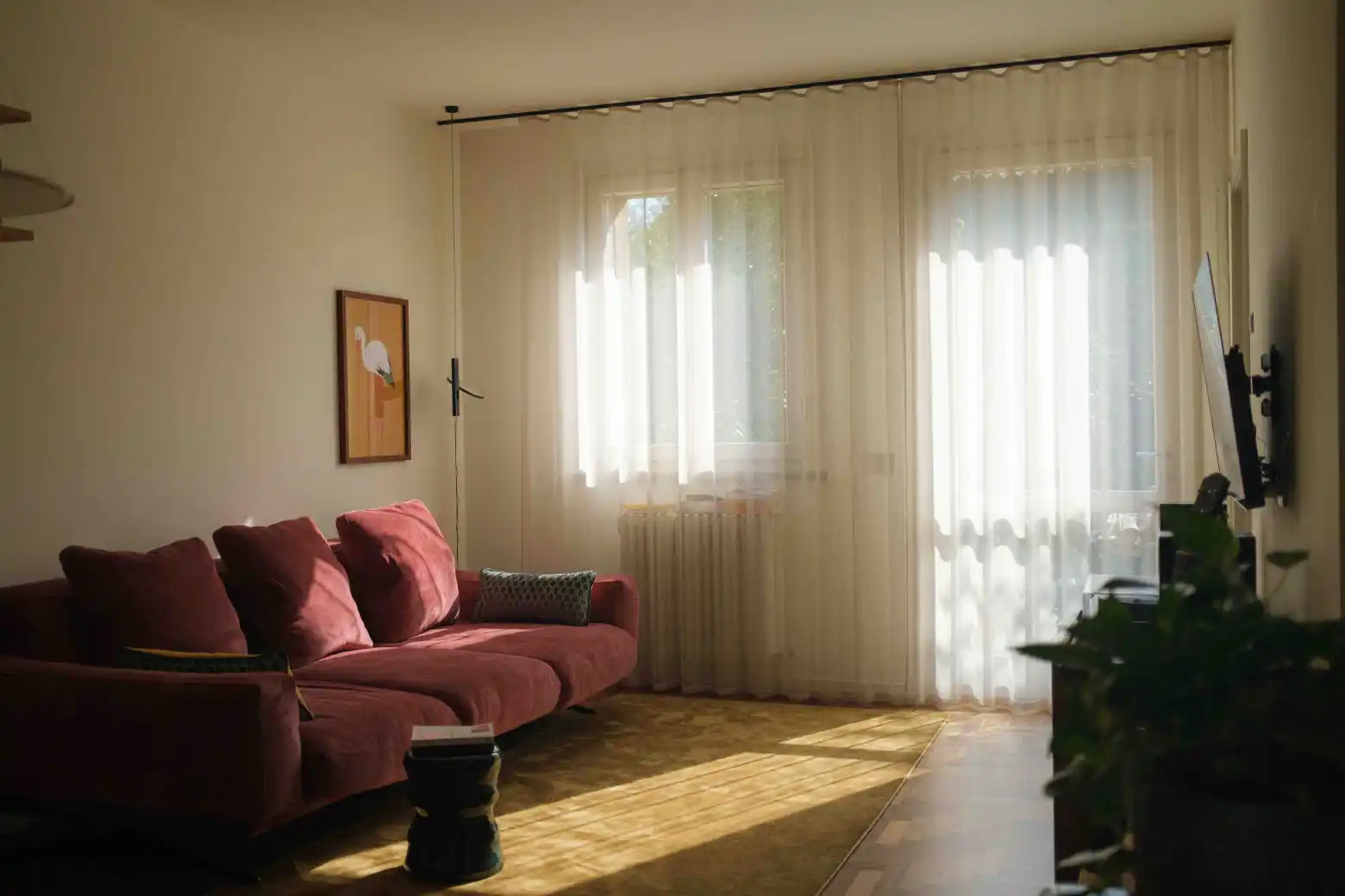 Soggiorno con un grande divano bordeaux con cuscini, pavimento in legno, tende trasparenti che lasciano filtrare la luce del sole da una finestra e da una porta, un quadretto con un uccello appeso al muro, un piccolo tavolino da salotto nero davanti al divano e una TV a parete sulla destra con alcune piante nelle vicinanze.
